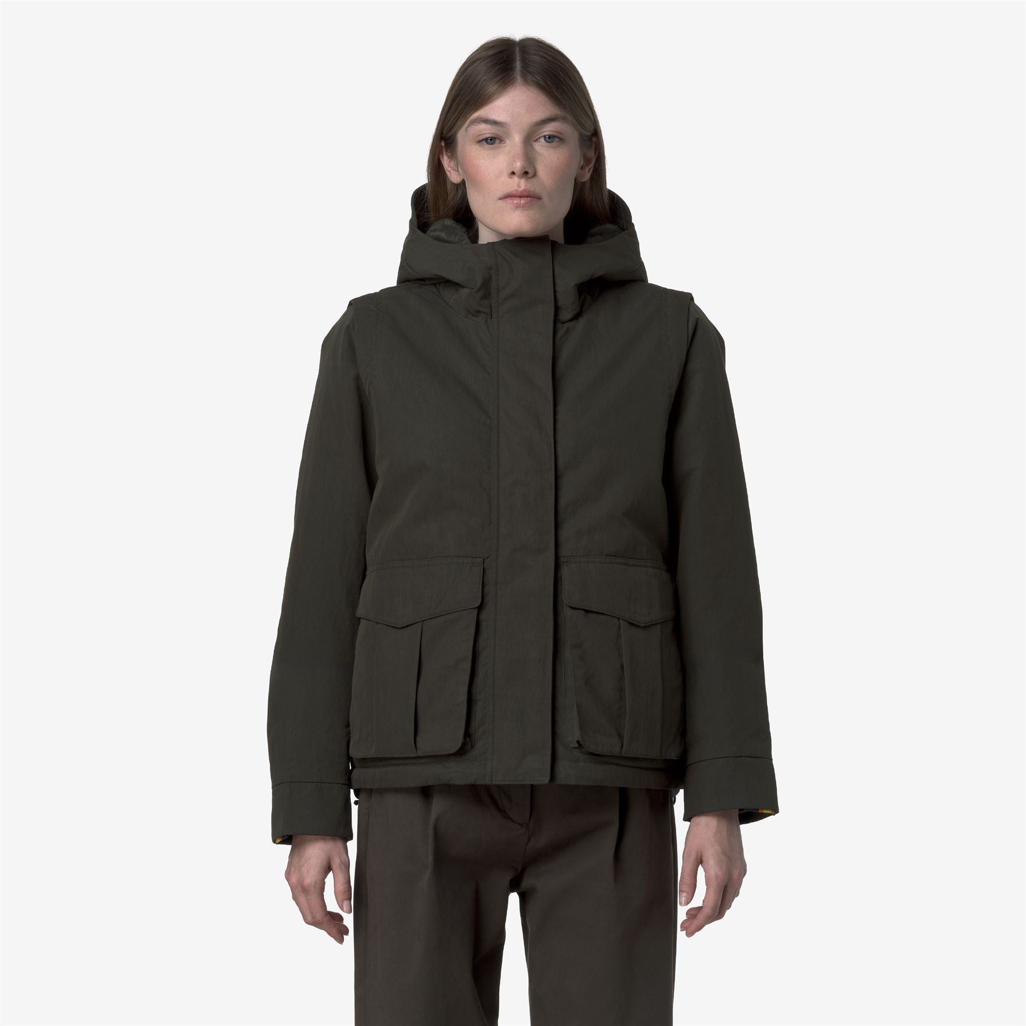k-way-ideler-cotton-feel-parka-courte-femme-green-blackish-fur image 1