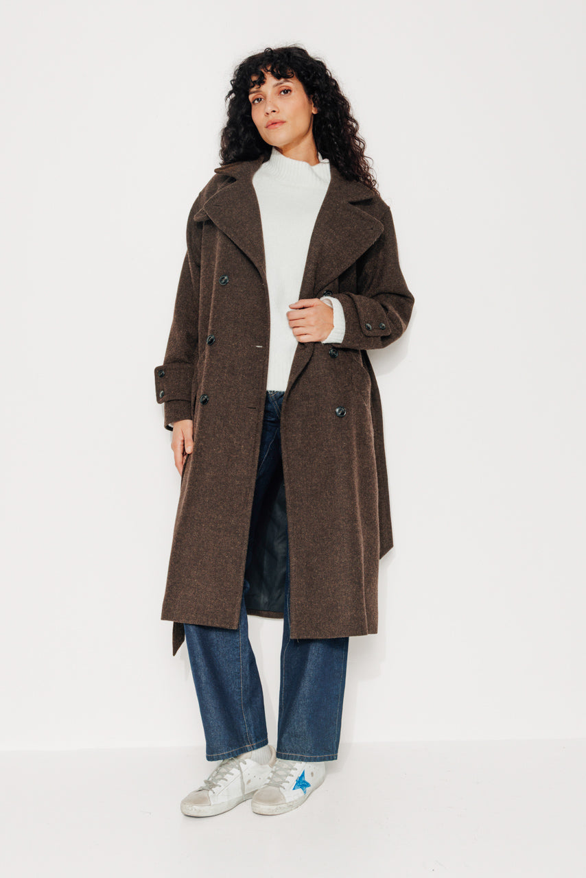 trench-coat-platane-manteau-long-en-drap-de-laine-shetland-marron image 1