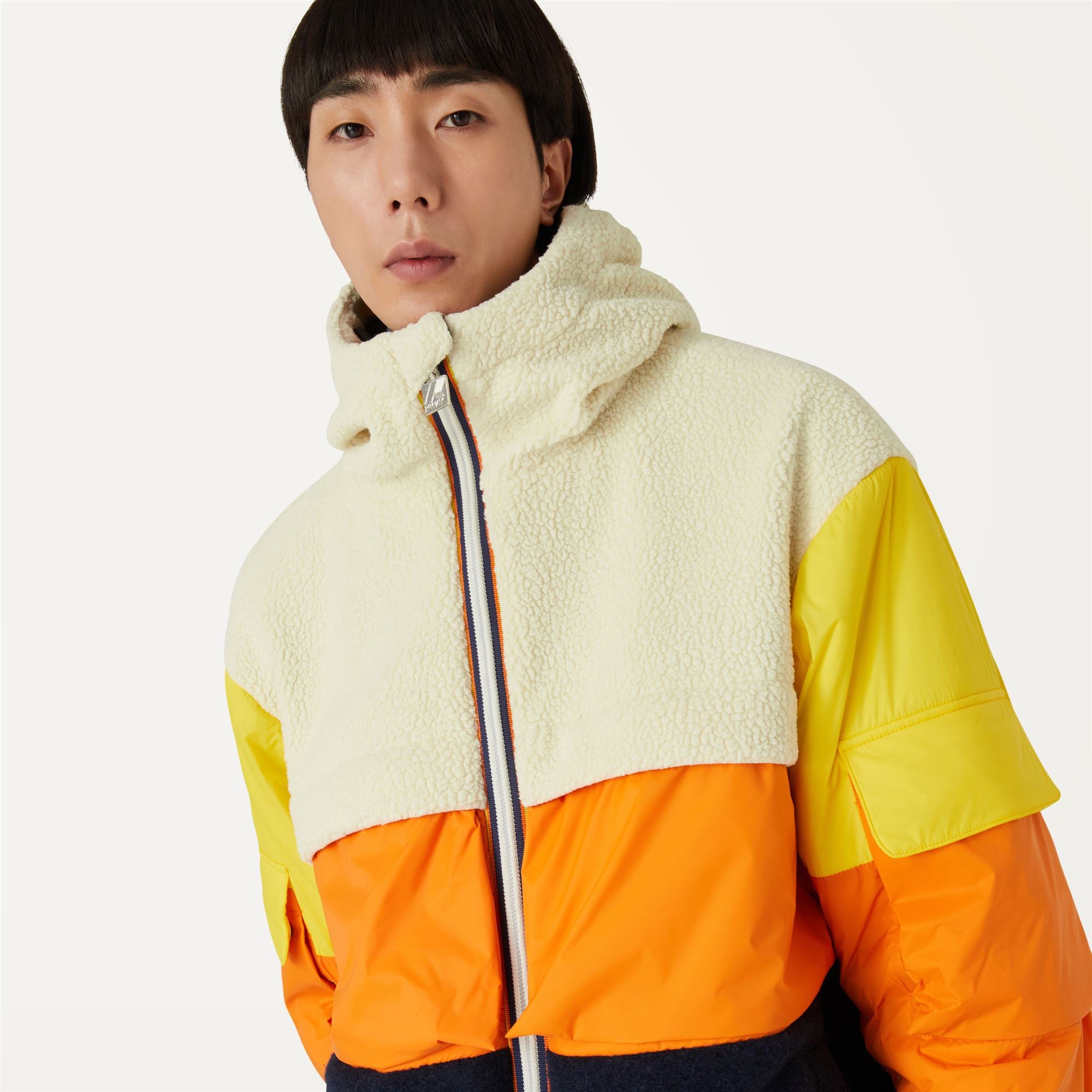k-way-claumix-sherpa-nylon-blanket-veste-mi-longue-homme-white-blue-orange-yello image 4