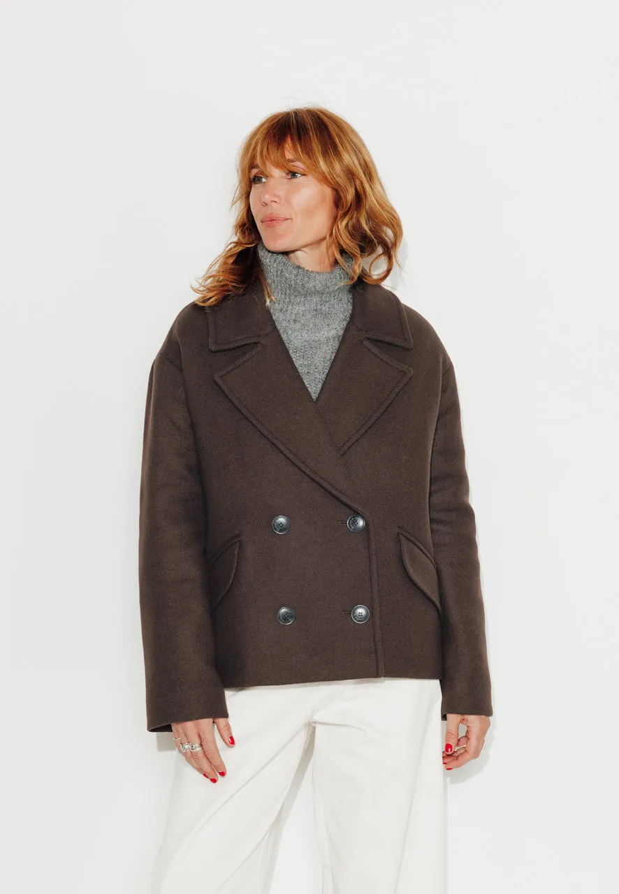 trench-coat-murier-manteau-court-oversize-drap-laine-vierge-marron image 1