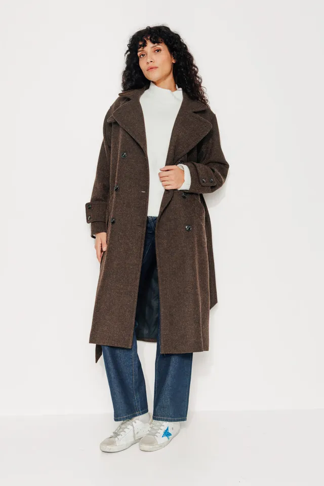 trench-coat-platane-manteau-long-en-drap-de-laine-shetland-marron image 1