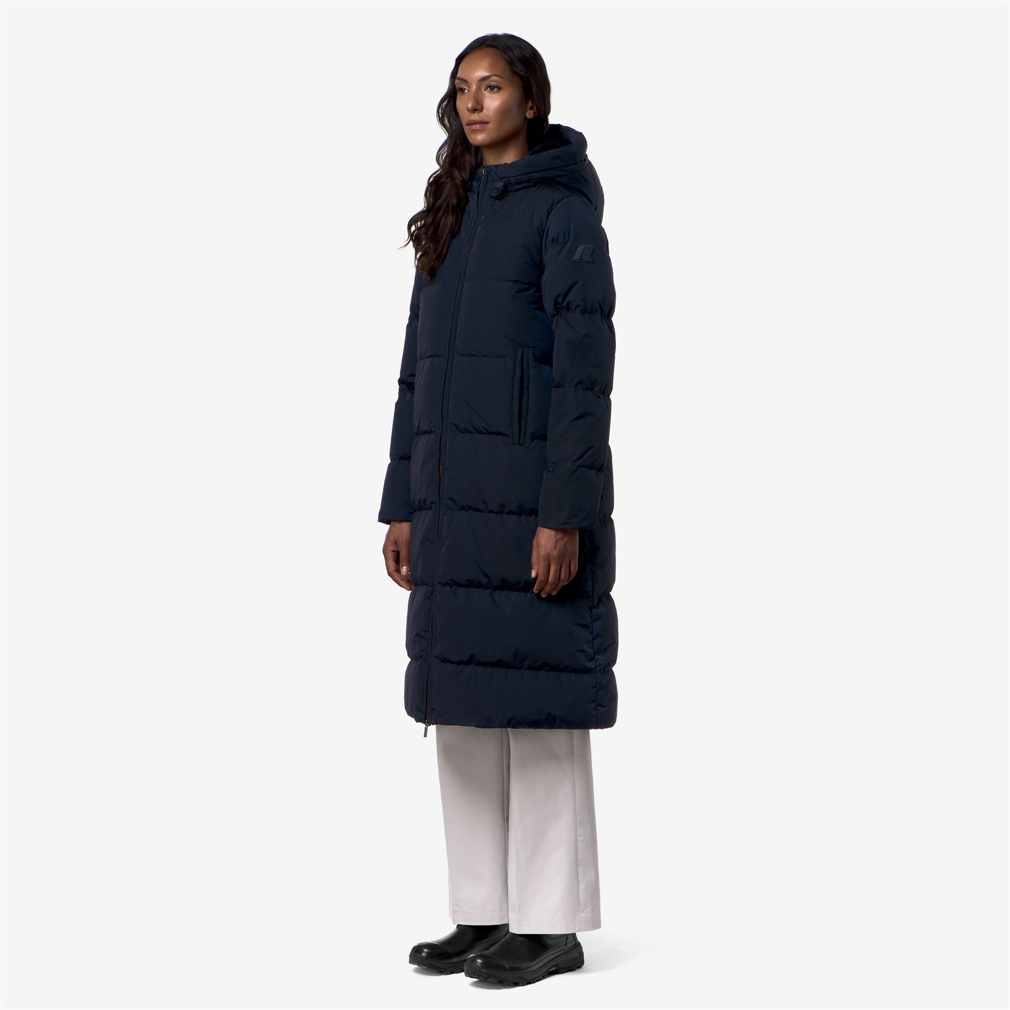 k-way-dina-shiny-nylon-fur-doudoune-longue-femme-blue-depth image 2