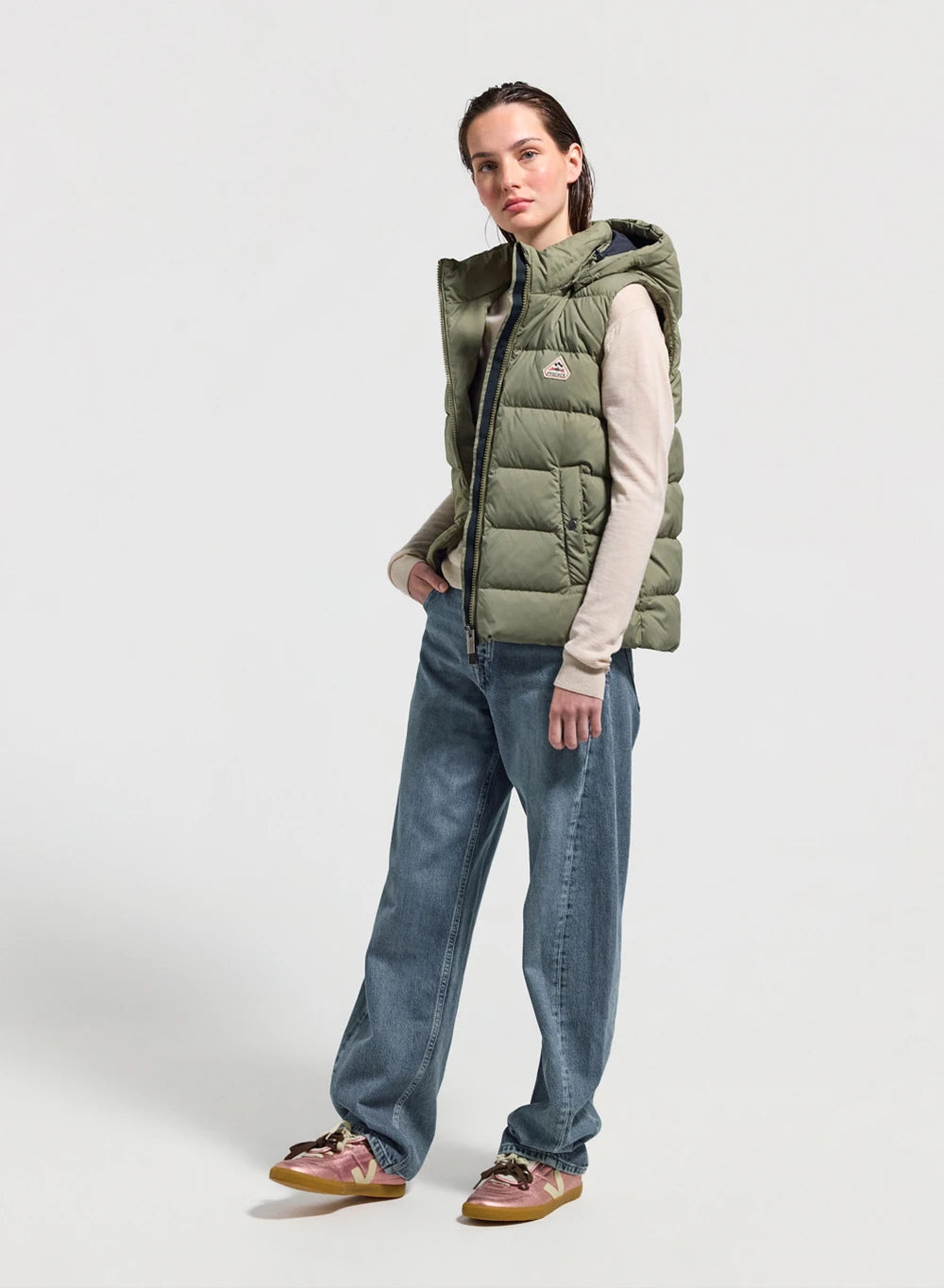 pyrenex-spoutnic-doudoune-sans-manches-femme-capuche-amovible-khaki-clair image 2