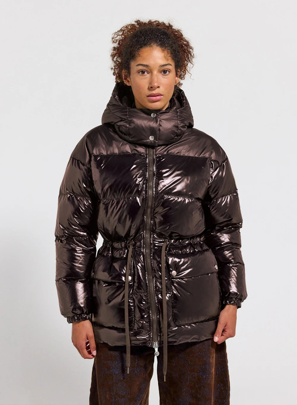 pyrenex-alexa-doudoune-brillante-capuche-femme-marron image 1