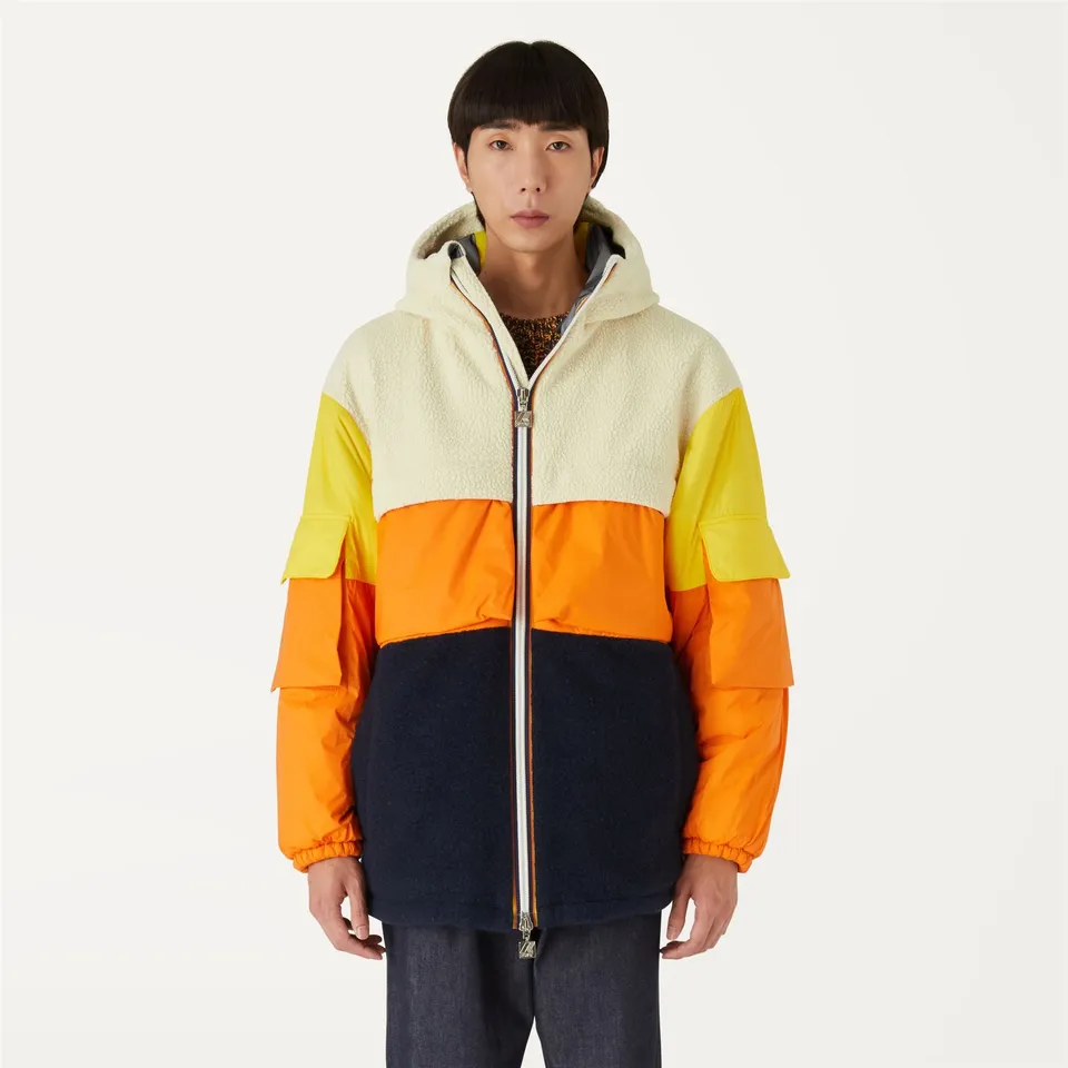 k-way-claumix-sherpa-nylon-blanket-veste-mi-longue-homme-white-blue-orange-yello image 1