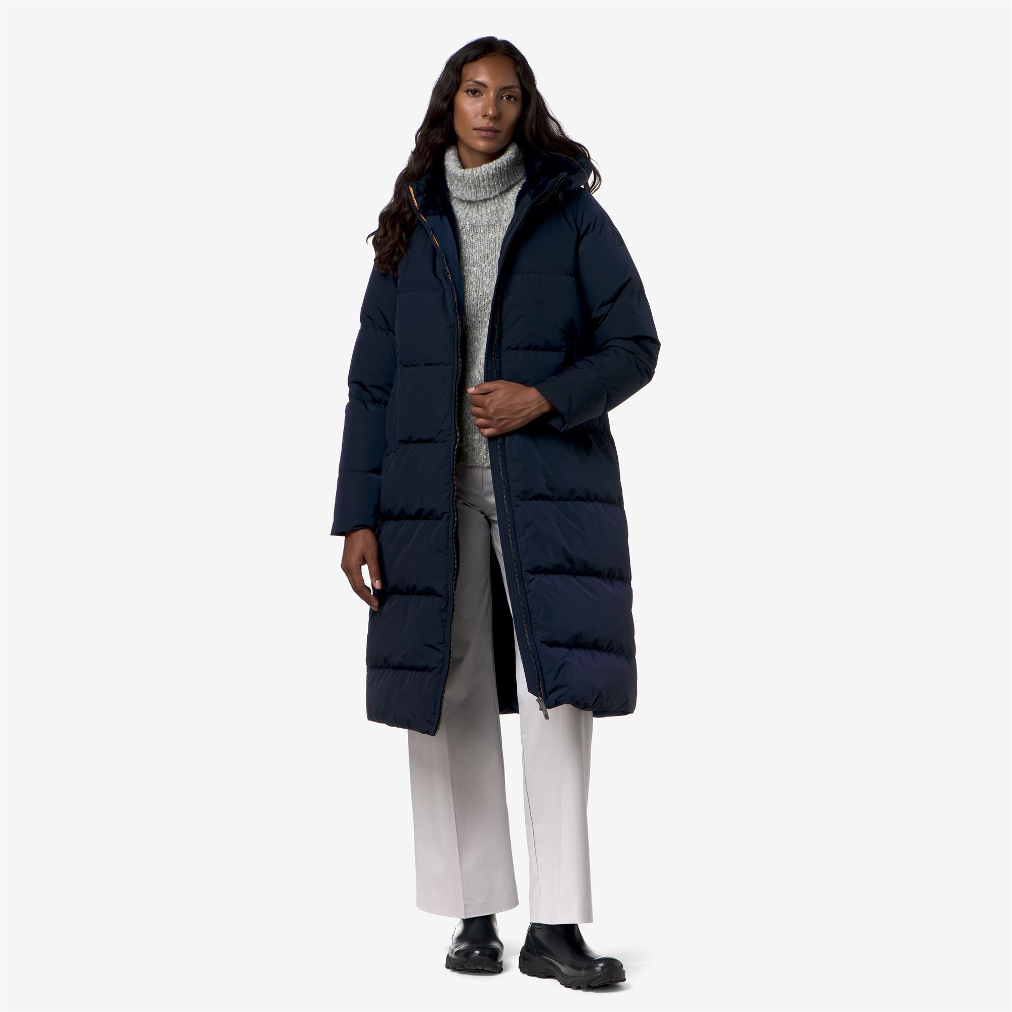 k-way-dina-shiny-nylon-fur-doudoune-longue-femme-blue-depth image 4